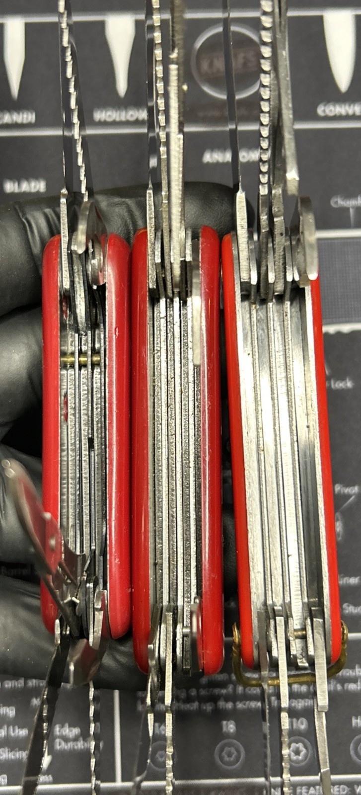 Lot Of 3 Vintage Japan Red Multi Tool Folding Knives Good USED Tools Clean Sharp