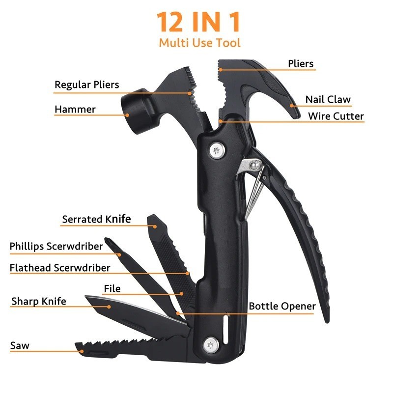 12-in-1 Survival Multitool Hammer Camping Hiking Car Emergency Tool