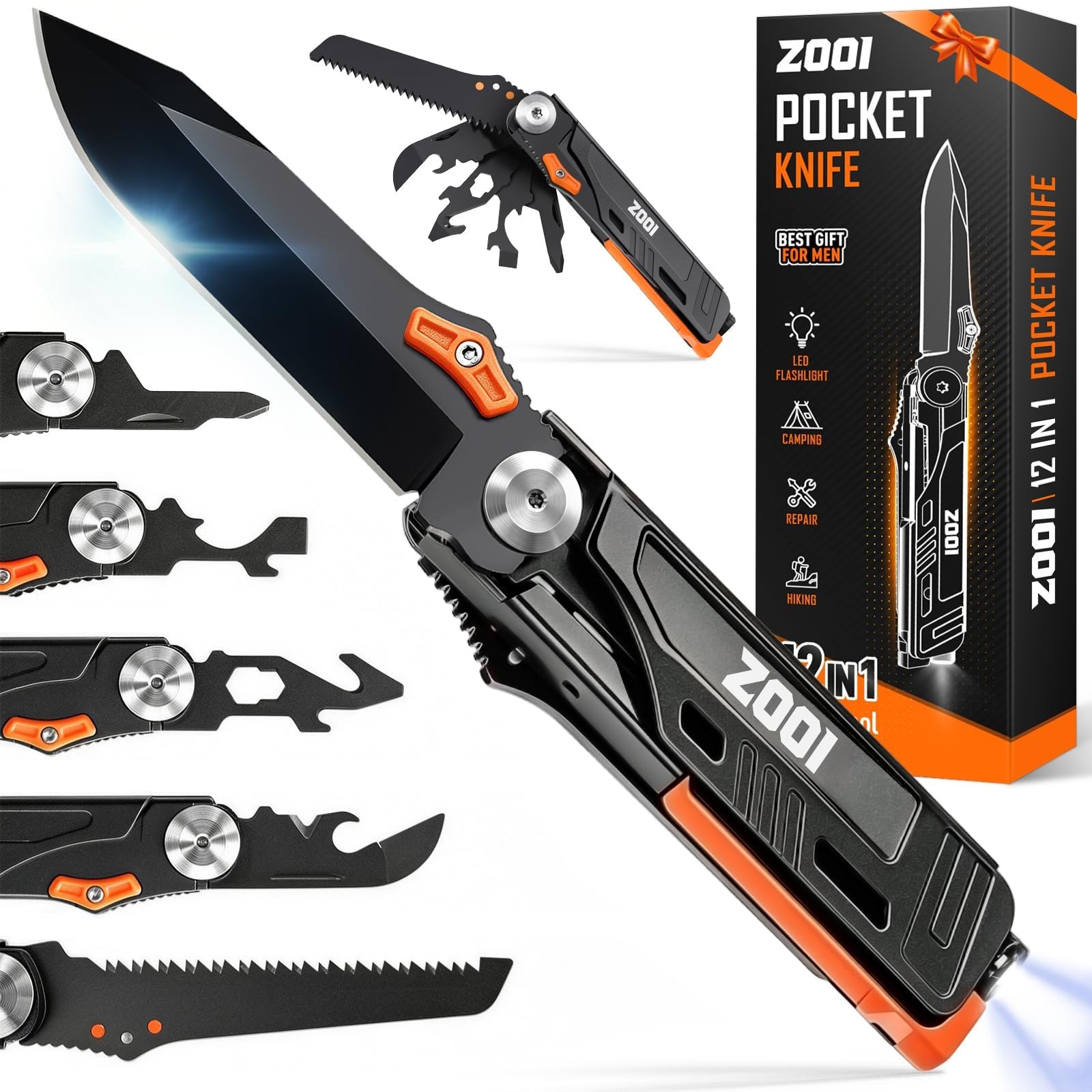 12-in-1 Pocket Multitool with LED Fire Starter – Perfect Gifts for Men, EDC Gear