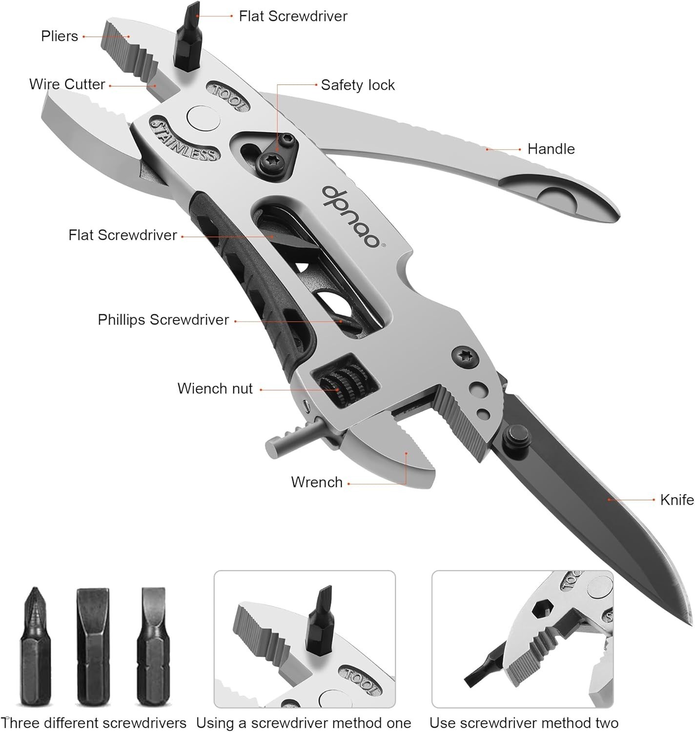 Versatile 5-in-1 Stainless Steel Multitool – Your Ultimate Outdoor Companion