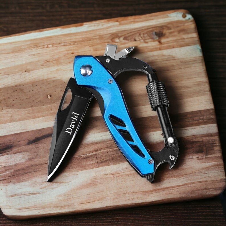 Personalized CARABINER POCKET KNIFE Groomsmen Birthday Gift for Him Dad Men Son