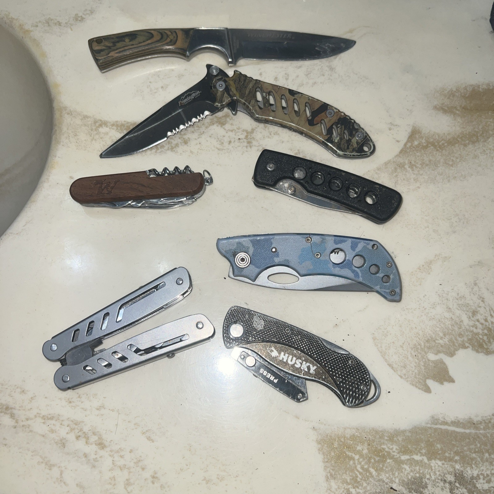 Knife Lot, Pocket, Fixed Blade, Multitool, Razor Blade And Plier Knife 7 piece