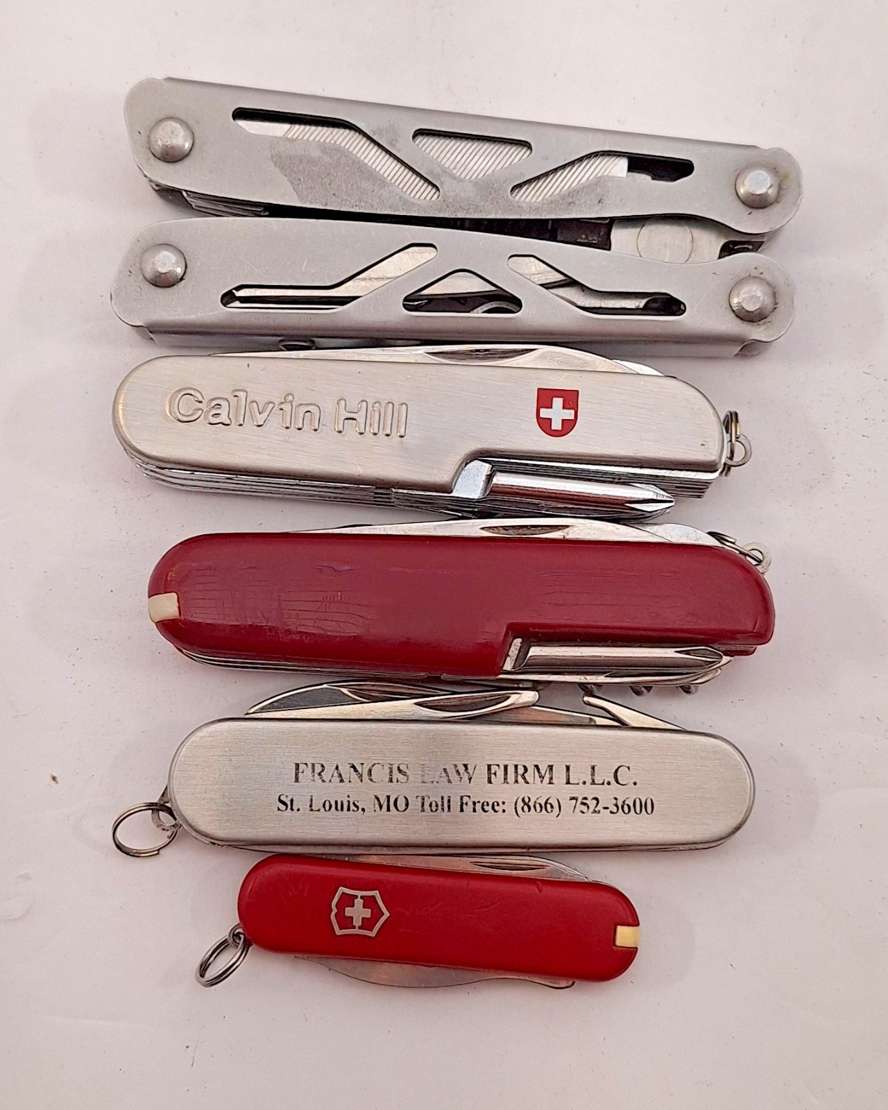 Set of Five Multitools, Many Functions, Includes a Victorinox Swiss Made