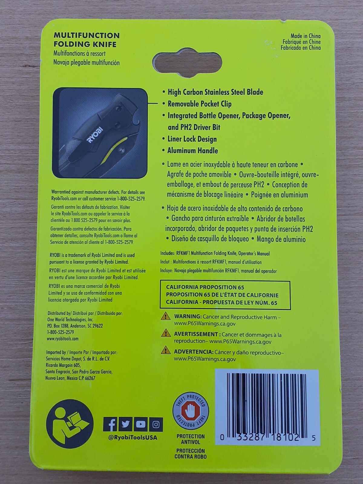 Ryobi MultiFunction Folding Knife Stainless Steel Blade Package & Bottle Opener