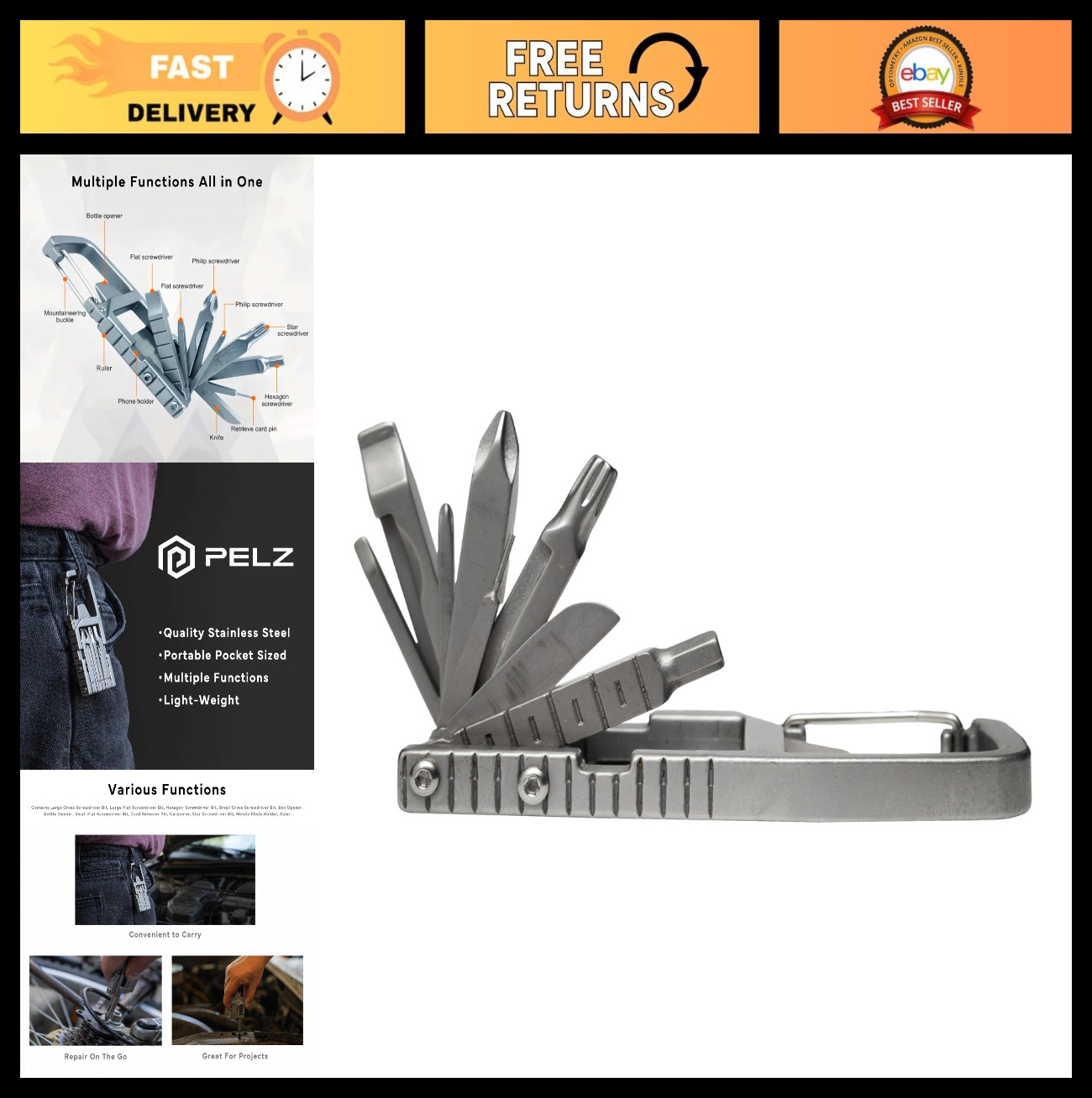 12-in-1 Multi Tool Carabiner Keychain, Folding Screwdriver Kit, Bottle Opener, P