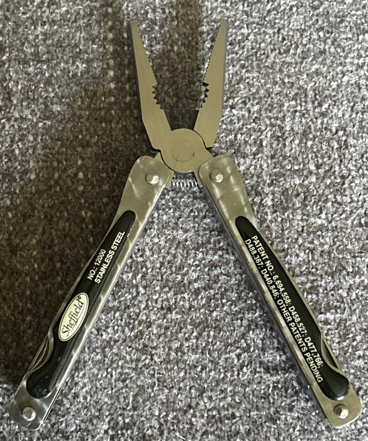 Vintage Sheffield 12000 Multi Tool Fish Knife Scaler Pliers Saw Etc. NOS