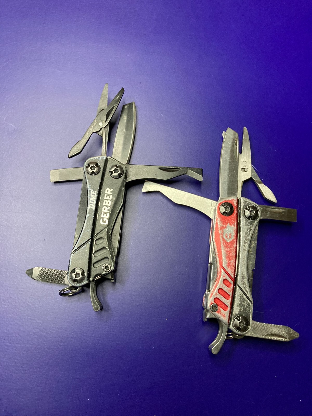 Lot of 2 Gerber Dime Multi-Tools Small Keychain Pliers Knife File Scissors