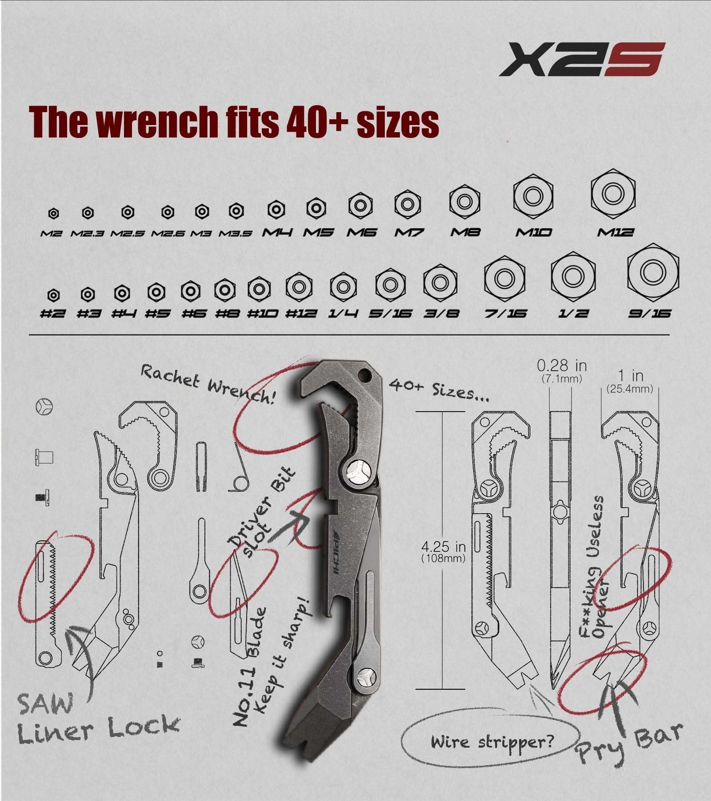 X2S Titanium Multitool EDC Multitools 6-In-Pocket Wrench Pry Bar Crowbar Scre…