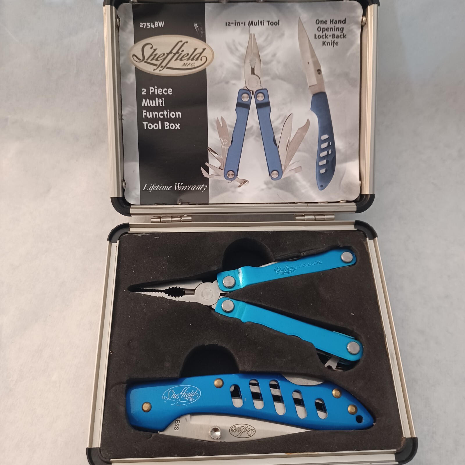 NEW! SHEFFIELD 11 In 1, 2 PIECE MULTI FUNCTION TOOL IN ALUMINUM CASE & BOX