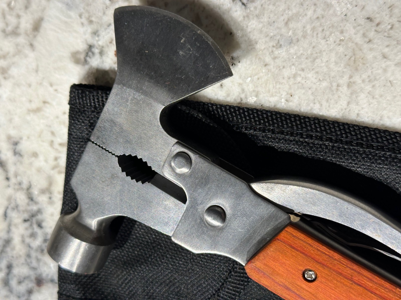 WOOD HANDLE Vintage Camping Axe Hammer Folding Multi Tool Knife Saw w/Sheath GUC