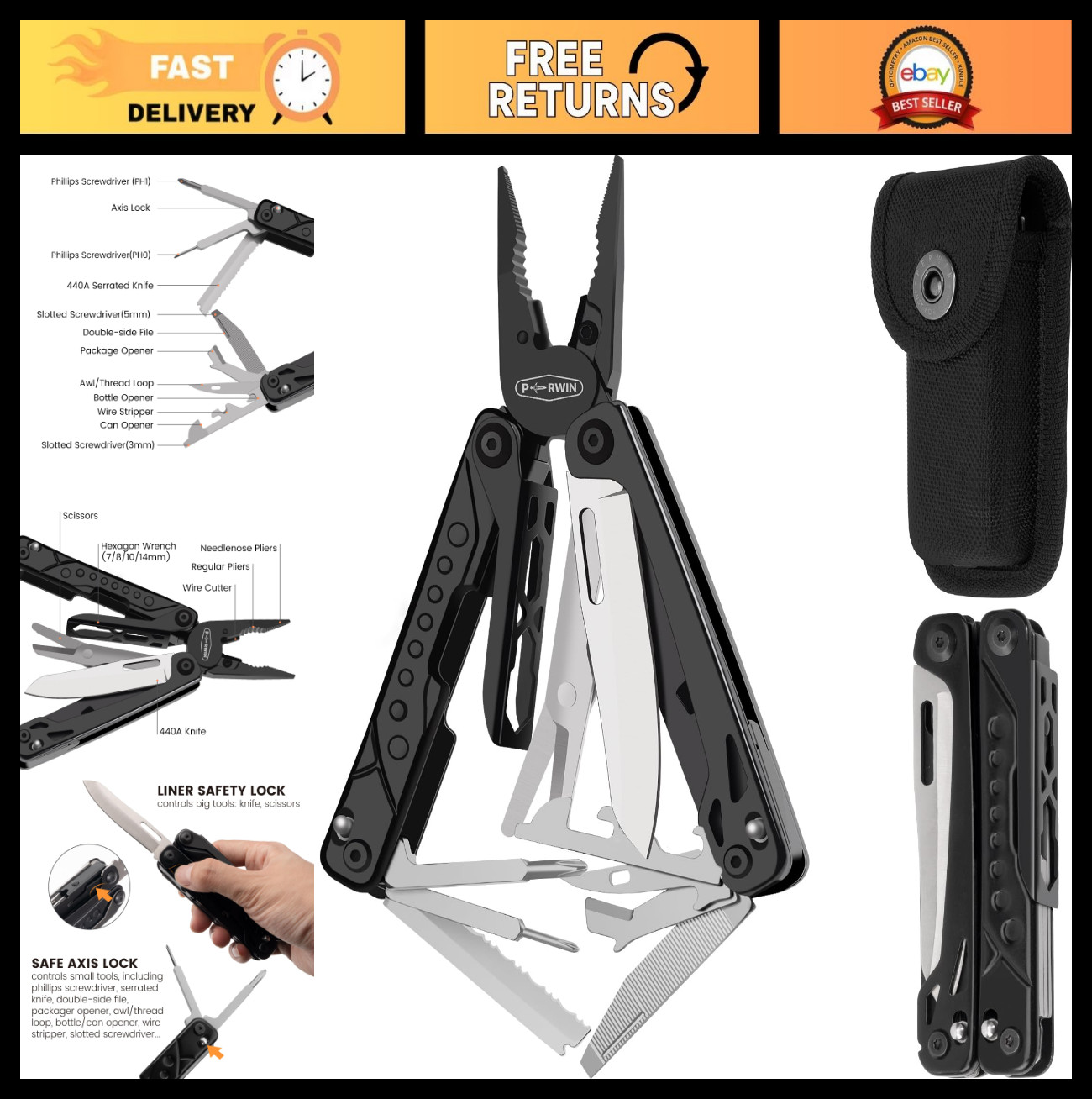 20-in-1 Stainless Steel Multitool Pliers with Sheath, Locking, Survival & Campin