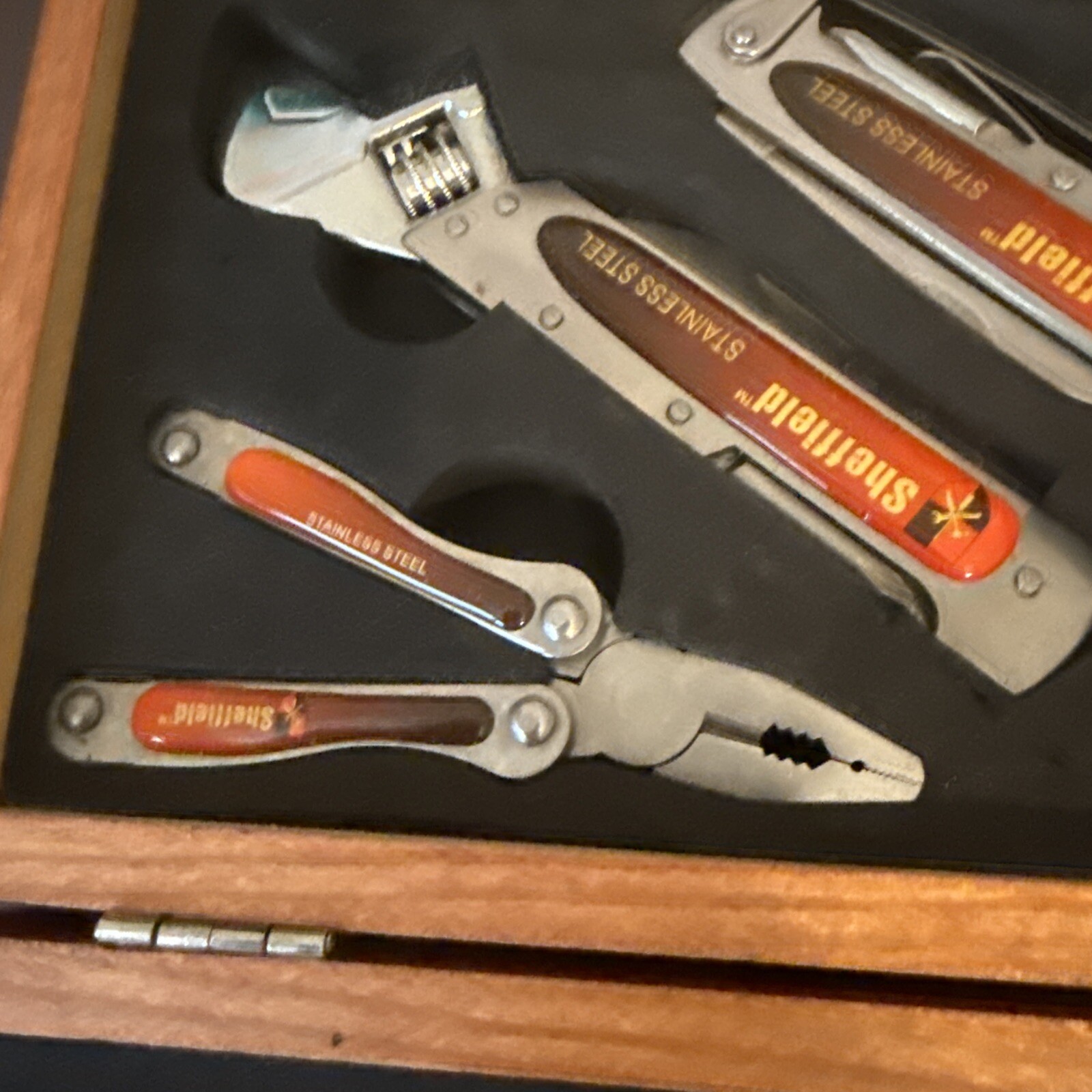 Sheffield 3 Piece Multi Tools Wood Box 3 Pocket Folding Knives and a Flashlight