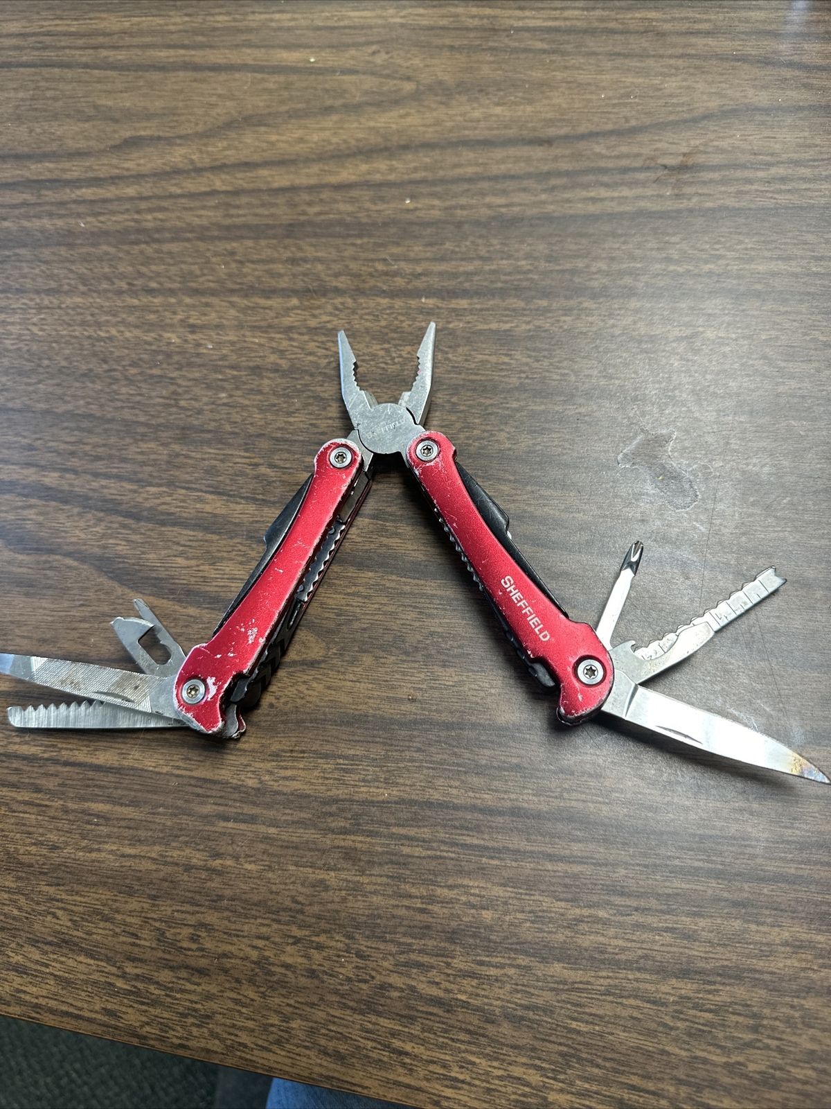 Sheffield Mini Multi Tool 9 in 1 Red Handle Knife Pliers Saw Screwdriver