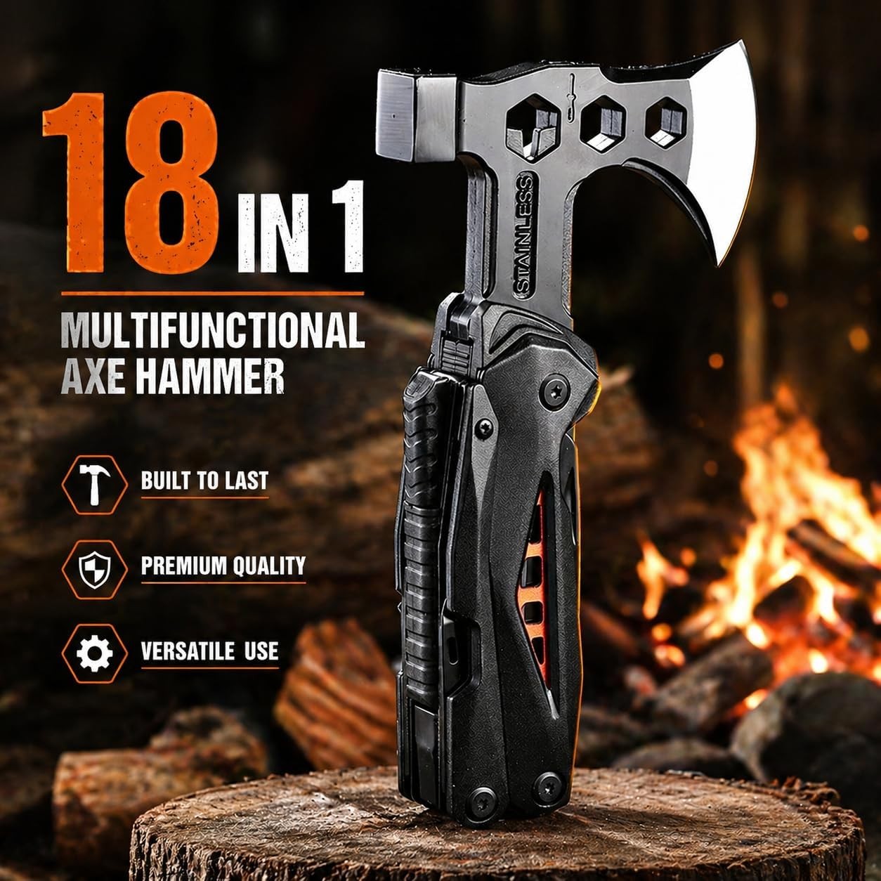 18-in-1 Multitool Hatchet Camping Axe W/ Hammer & Knife W/ Protective Sheath