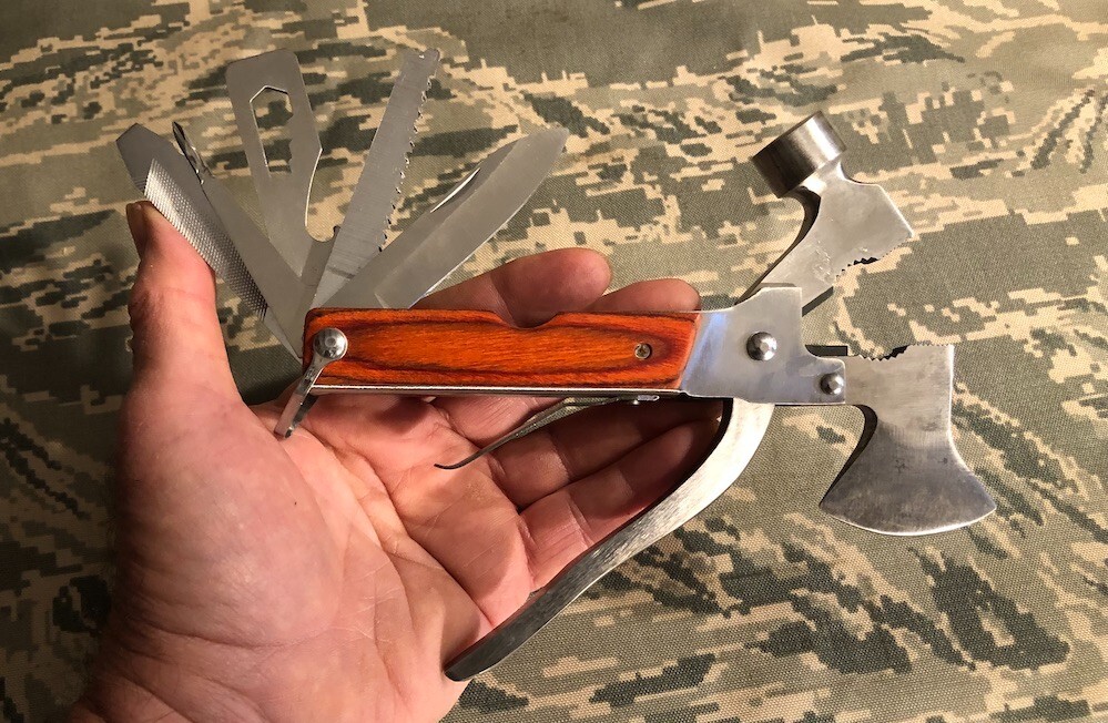 Multi Tool Hatchet Hammer Saw Pliers File Case + Tactical Pocket Knife – cr