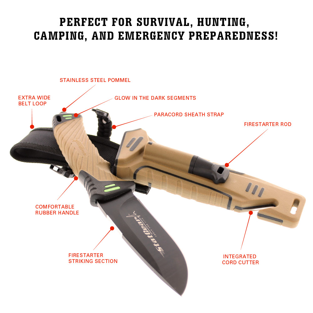 StatGear Surviv-All Hunting Knife – Sheath, Firestarter, Cord Cutter & Sharpener