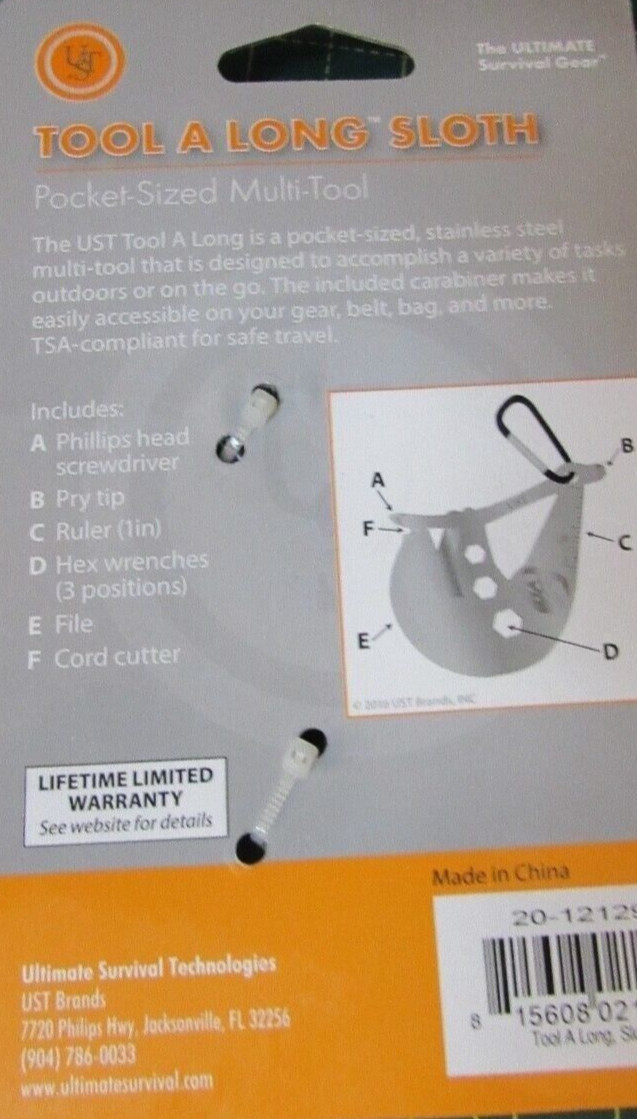 UST A Long Sloth Multi-Tool Stainless Matte Finish with Carabiner. Ships Free.