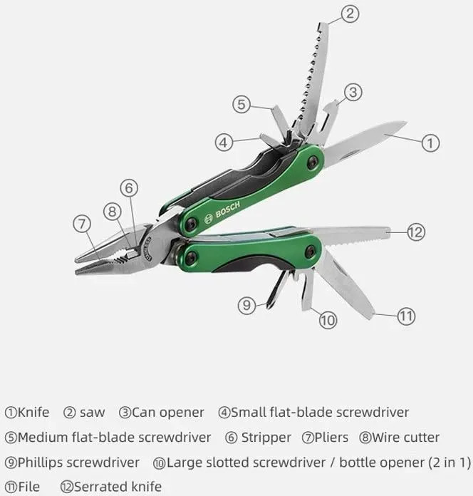 Japan NEW BOSCH Multi Tool 12-in-1 Plier Folding Knife Stainless 2609256D91